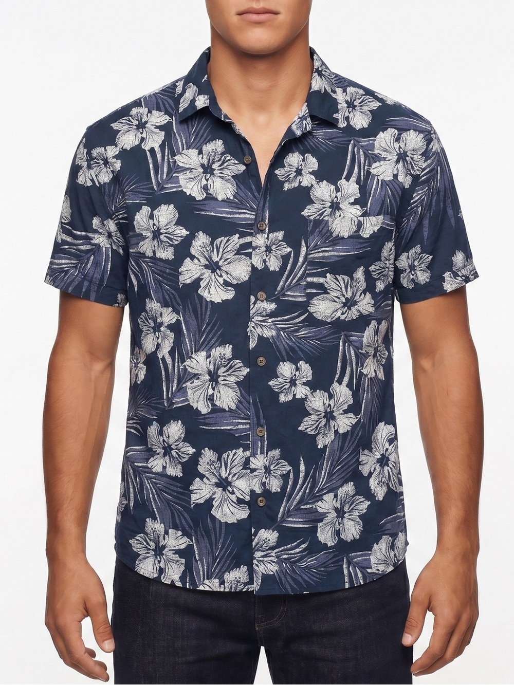 George Navy Hawaiian Short-Sleeve Button-Down Shirt, XL